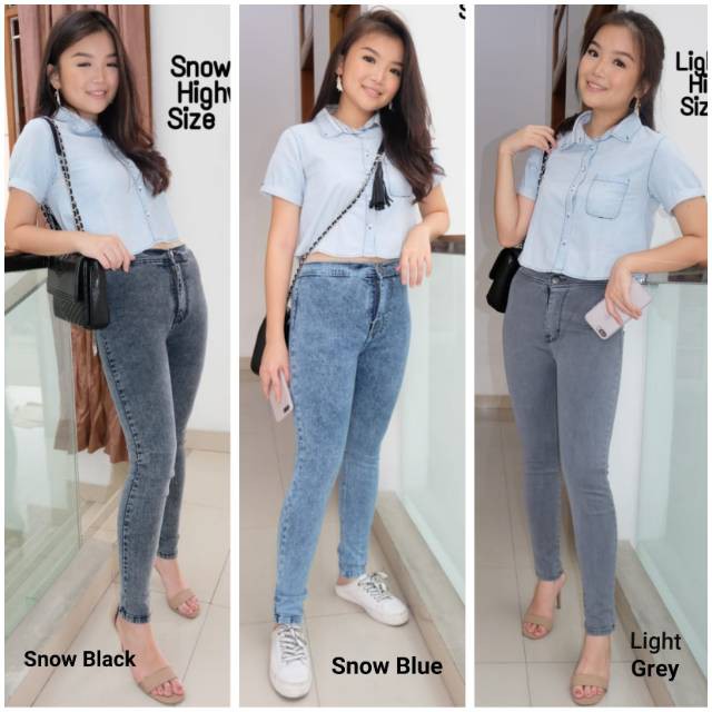 Highwaist Jeans Branded Snow Acid Plain Wash . Hw Jeans Polos Acid Snow . Celana High Waist Snow