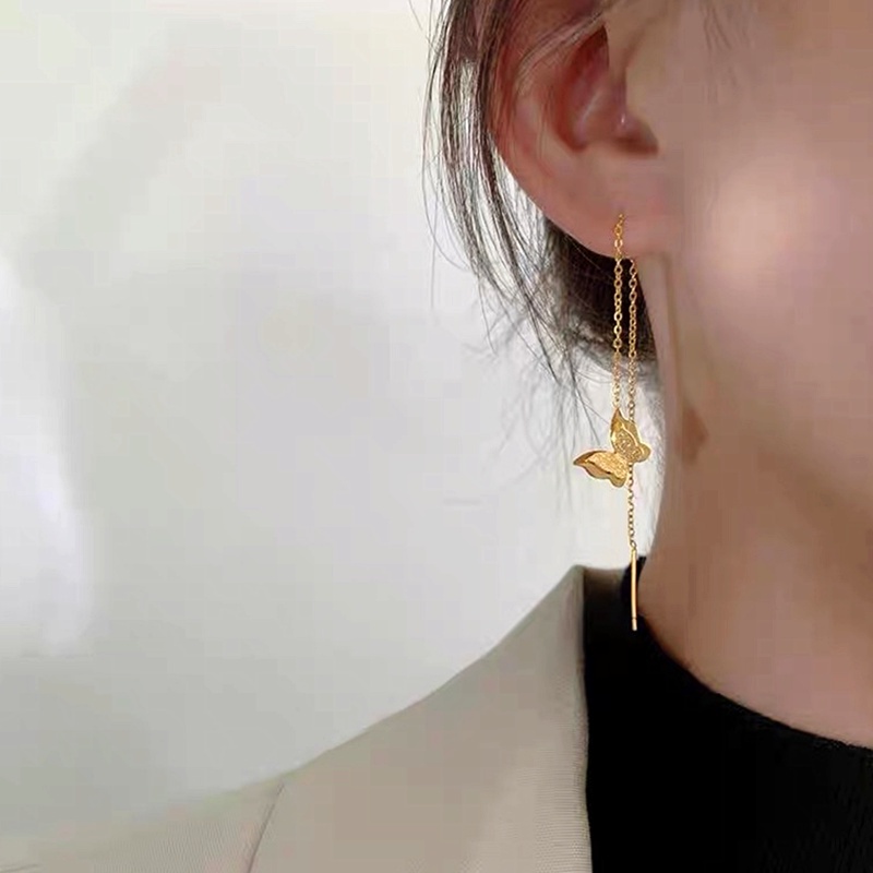 Anting Kupu kupu Korea Titanium Panjang Lapis Emas 18K Aksesoris Wanita Anting Rumbai Perhiasan