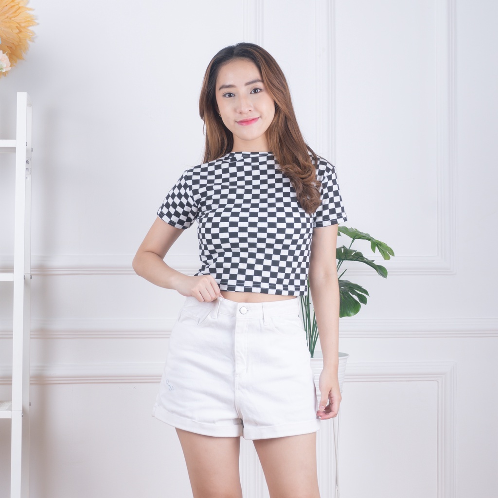 ZASKIYA - Checker Catur Crop Top Rib / Atasan Wanita Crop Top