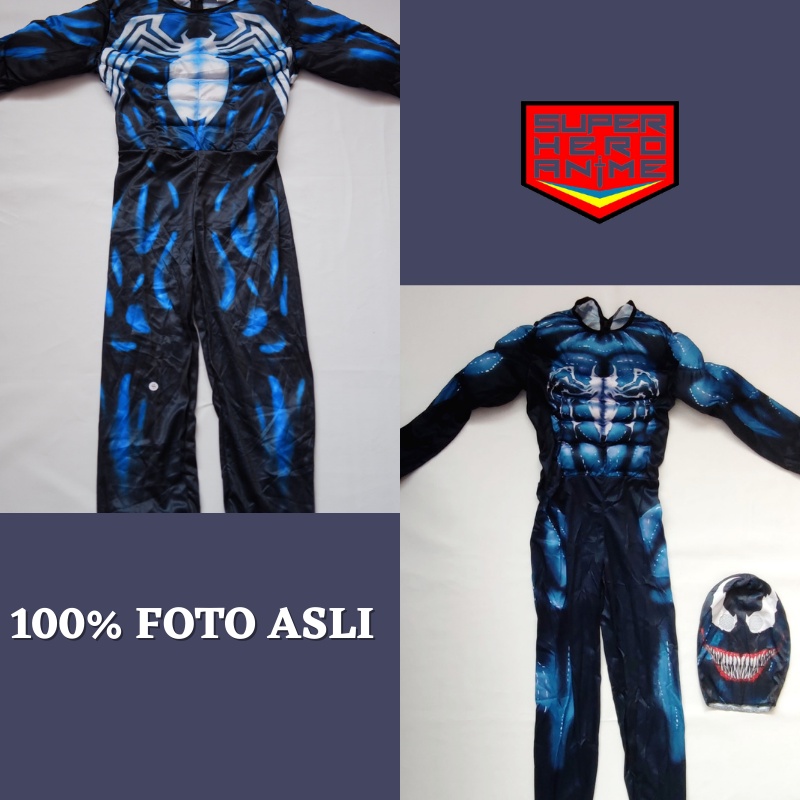 Kostum Venom Anak Import Busa Otot Baju Laki Cowok Karakter Spiderman Hitam Superhero