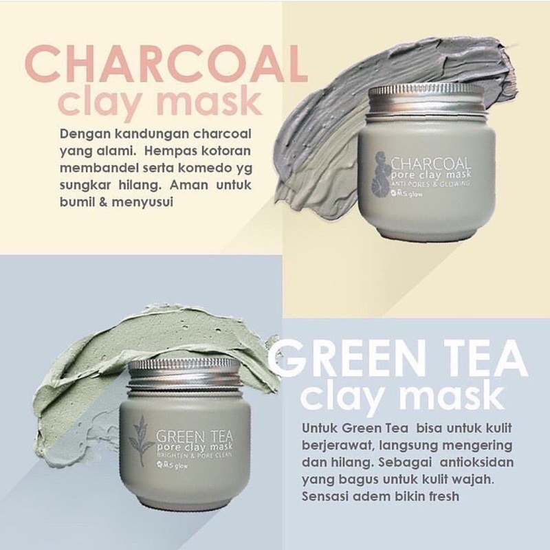 【Official Store】MS GLOW Clay Mask Charcoal Green Tea Pore Face Peel Scrub Msglow Masker Wajah Pencerah Pemutih Kulit Wajah Kering Oily Sensitif Anti Bakteri Jerawat Noda Hitam Flek Bekas Jerawat Perbaiki Skin Barier Anti Aging Glowing Whitening Viral BPOM