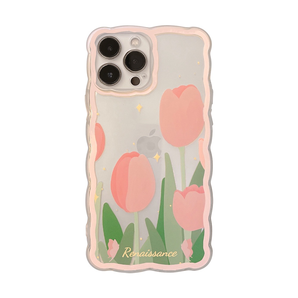 IPHONE Pink Tulip Bunga Bentuk Gelombang Transparan Manis Casing Pelindung Ponsel Cover Untuk Iphone7 8 PLUS X XR XS 11 12 13 14 MINI PRO MAX SE 2020