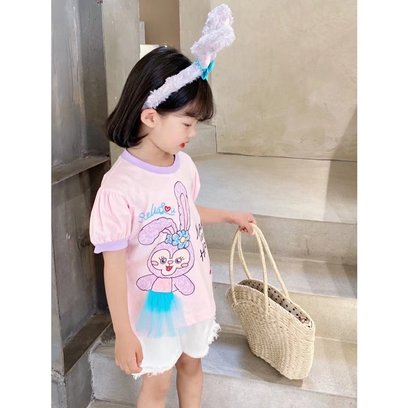 Kaos T-shirt Anak Perempuan Motif Stella Lou Lucu 3D Mesh Puff Sleeve