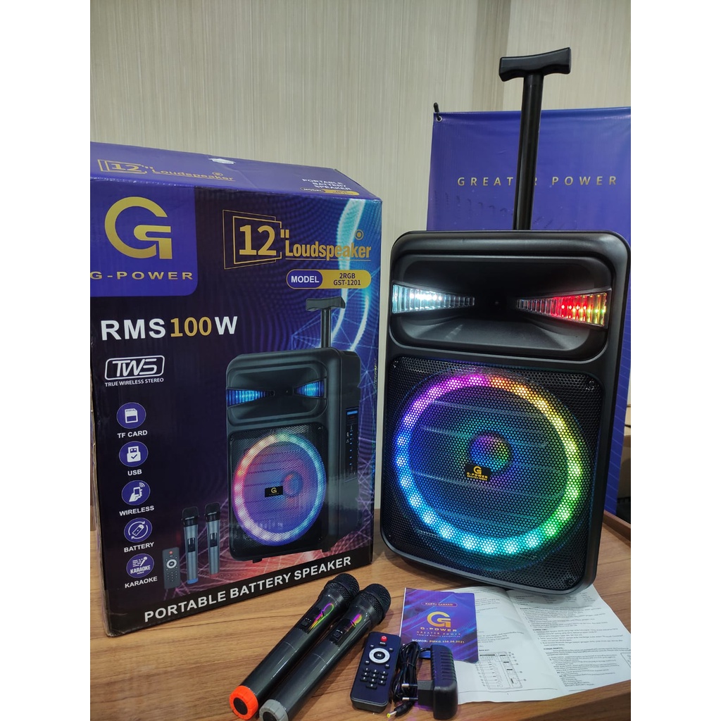 G-POWER -SPEAKER Bluetooth Portable Battery GST 1201 2RGB LED  super bass free 2 mic Original bergaransi