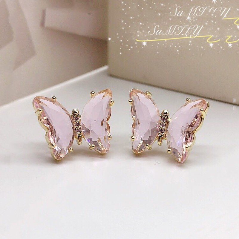 Delicate Crystal Butterfly Earrings  New Korean Ins Girl Accessories-pink