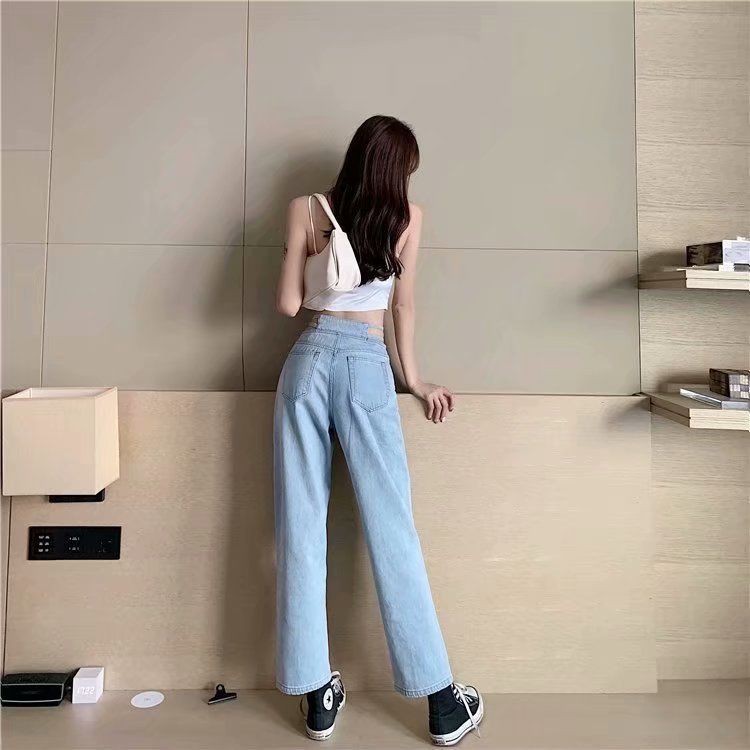 Suhao Versi Korea dari high-waist sisi meninju seksi sling wide pants musim semi desain baru jeans