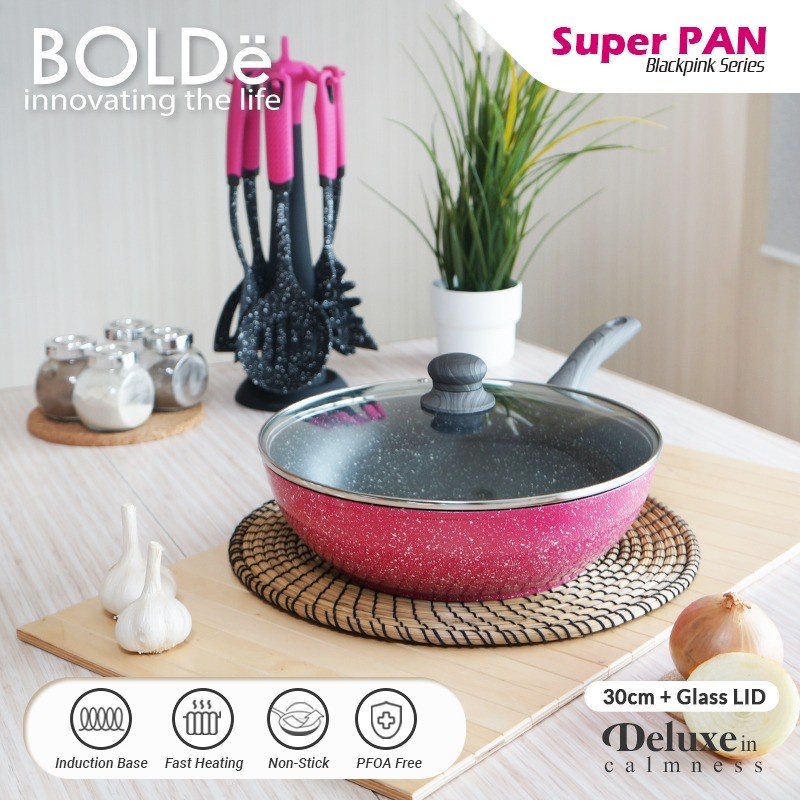 BOLDE Super Pan Wok 30 cm Super Pan Black Pink + Tutup Kaca