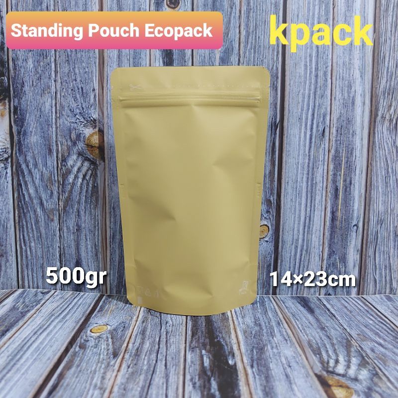 100pcs Standing Pouch Ecopack 500 gram Paperkraft Kemasan Kopi Snack Penutup Zipper