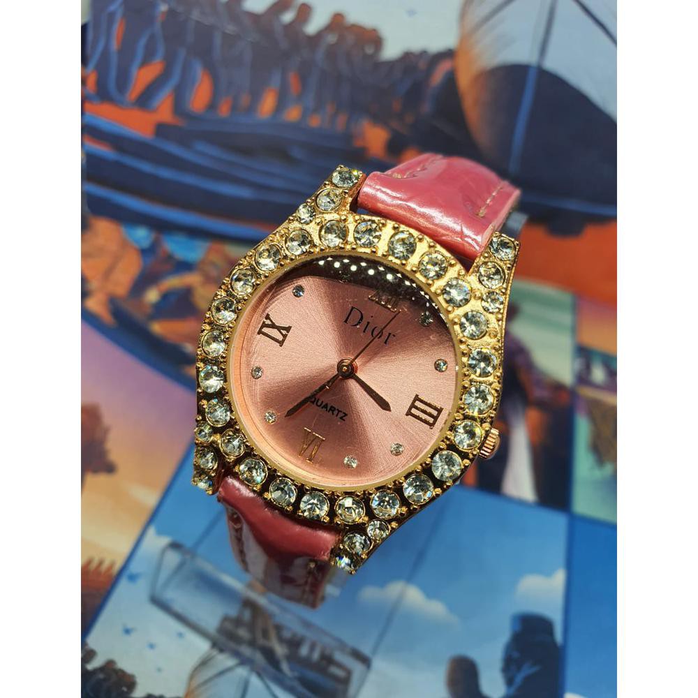 Jam tangan wanita kulit Dior permata full plat warna D10R Terbaru
