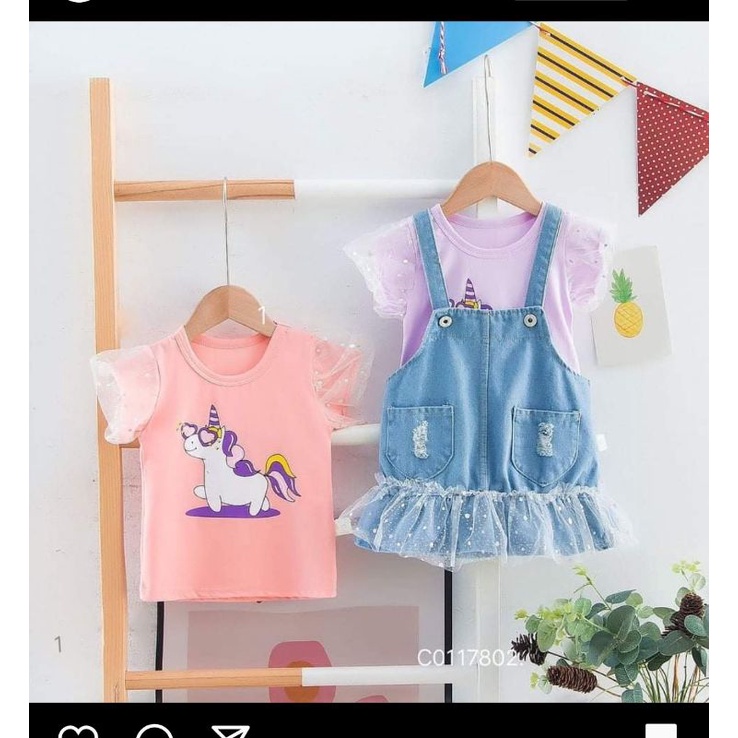 setelan overall jeans unicorn import / overal rok / overall lengan panjang 1-4 tahun