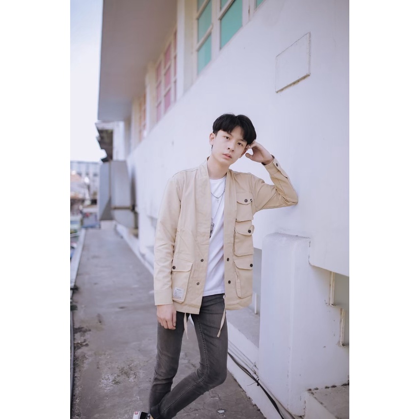 OUTER PRIA | KIMONO JEPANG | KIMONO KOREA PRIA CREAM HIJAU CARAMEL