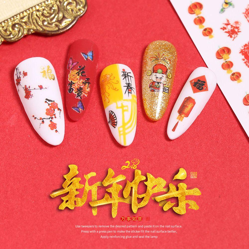 AUGUSTINA Agustina Tahun Baru Stiker Kuku Musim Semi Festival Selamat Kuku Decals Lentera 3D Aplikasi Lucky Cat DIY Nail Art Dekorasi