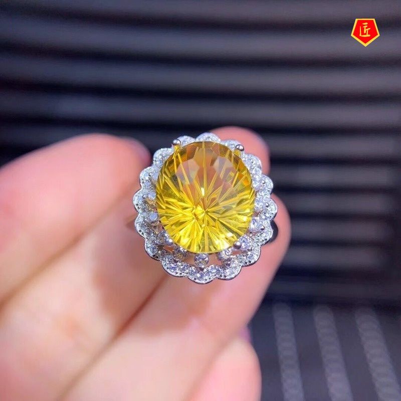 [Ready Stock]Exaggerated and Personalized Inlaid Citrine Open Ring