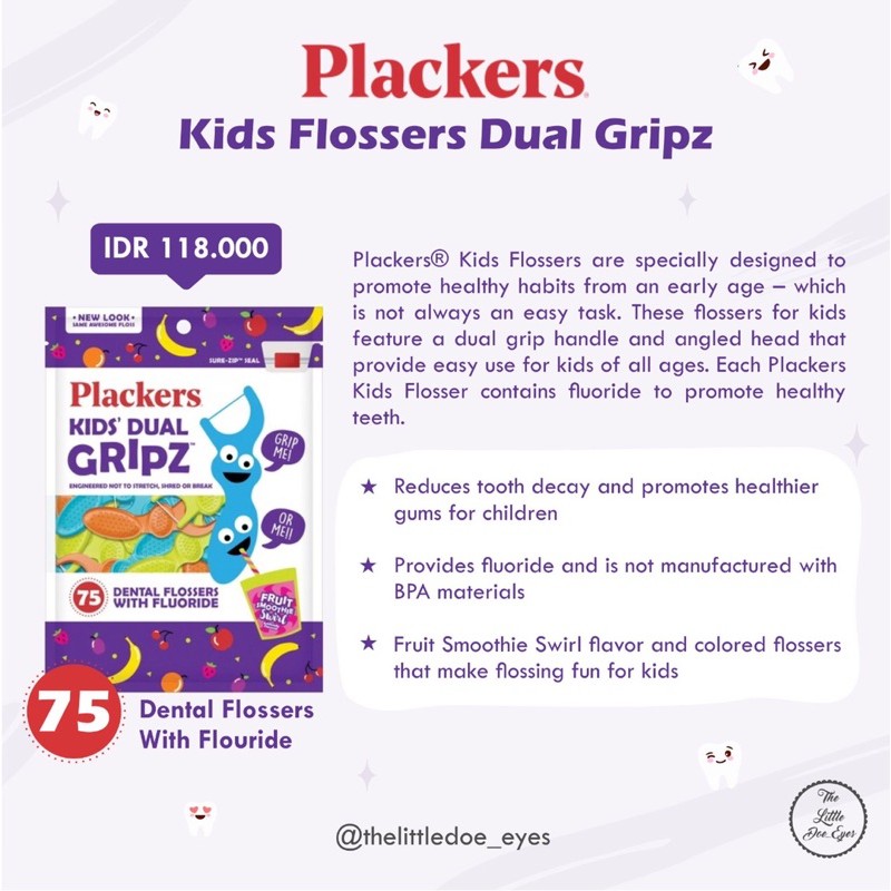 Plackers Kids Flossers Dual Gripz Benang Gigi Anak