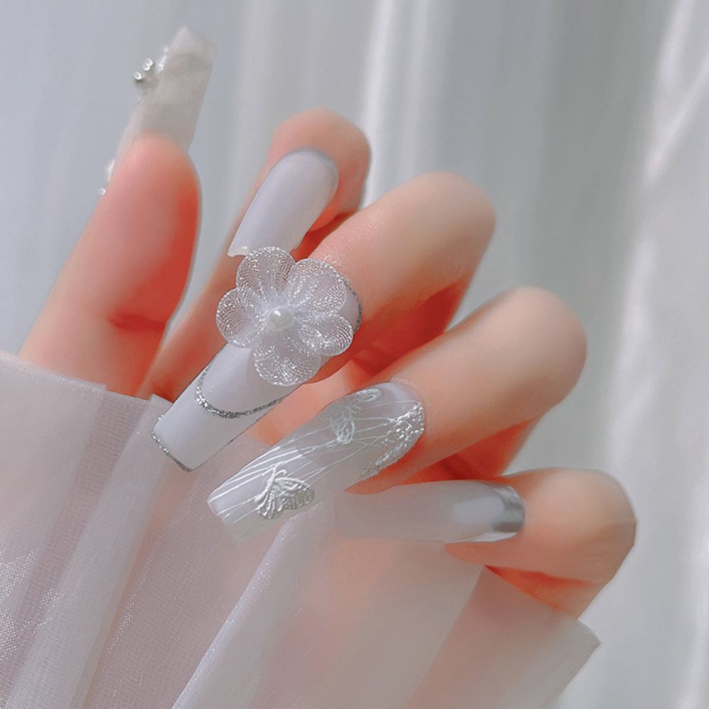 MXBEAUTY White Flower Nail Jewelry Charm DIY Nail Art Accessories 3D Nail Art Decorations Pearl Elegant Net Yarn Fairy Japanese Manicure