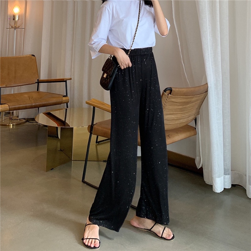 korean style celana panjang wanita high waist kasual loose hitam straight pants