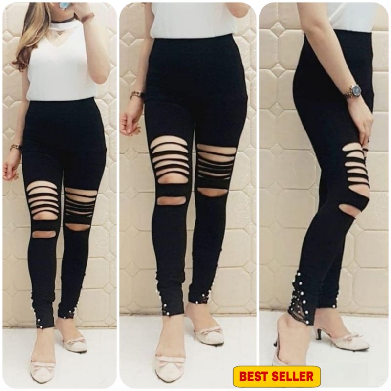 Legging Wanita Import Premium Brukat Sobek Sobek Fit S to XXL Jumbo