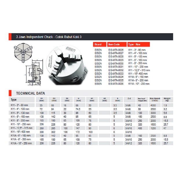 Catok Bubut  | Claw Bubut | Jaw EISEN (K 11 - 80) 3 Jaw/Catok 3"