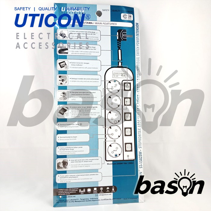 UTICON ST1582SW Power Extension - Stop Kontak 5Lubang 1.5Meter Arde dengan individual switch