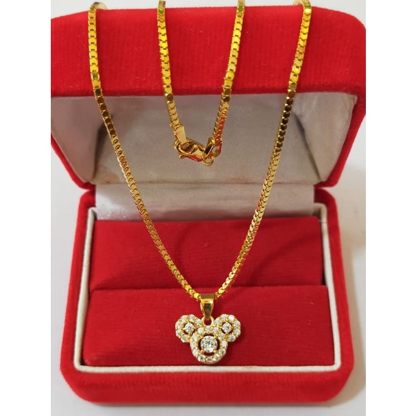 Kalung anak milano kaca + liontin mickey mouse, Perak 925, Sepuh Emas Kuning