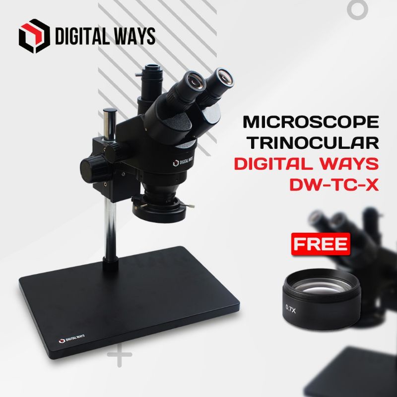 MICROSCOPE TRINOCULAR DIGITAL WAYS DW-TC-X BONUS LENSA 0.7X + LAMPU LED