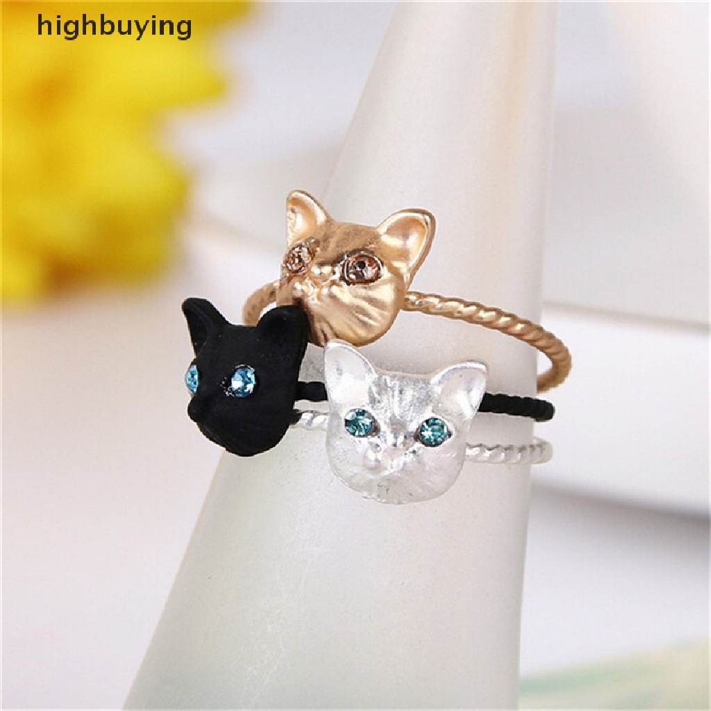 Hbid 1pc Cincin Motif Kucing Mini Lucu Warna Hitam / Emas / Silver Aksen Berlian Imitasi Untuk Wanita