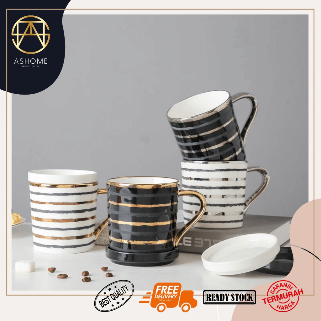 ASHOME Gelas Minum Set Keramik Dengan Tutup List Silver dan GOld / Ceramic Mug Set With Cup Lid Gold
