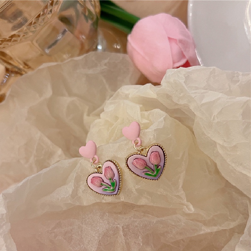 Anting Tusuk Motif Bunga tulip Warna Pink Untuk Wanita