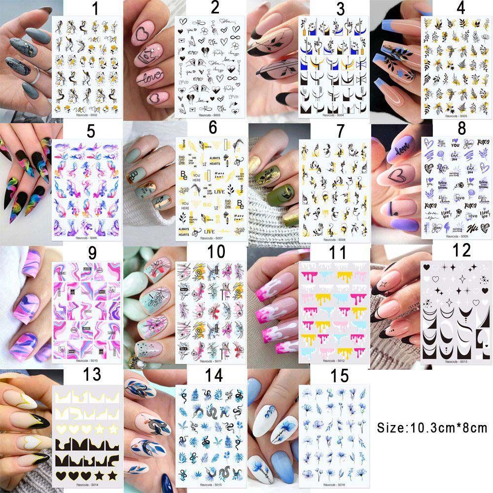 Mxbeauty Tanaman Warna Stiker Kuku Kartun INS-style Garis Daun 3D Decals Letter Avatar DIY Nail Art Alat