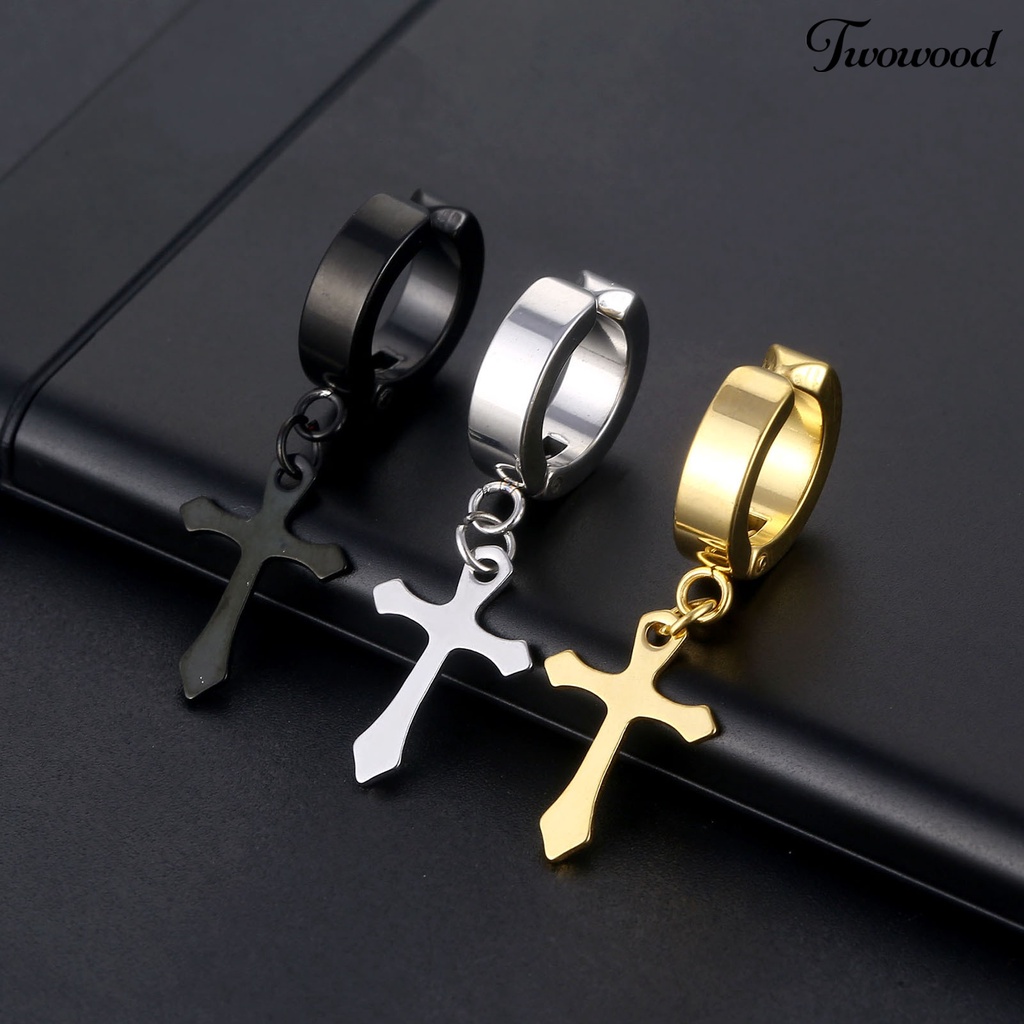 1 Pasang Anting Hoop Dangle Cross Gaya Hip Hop Untuk Unisex