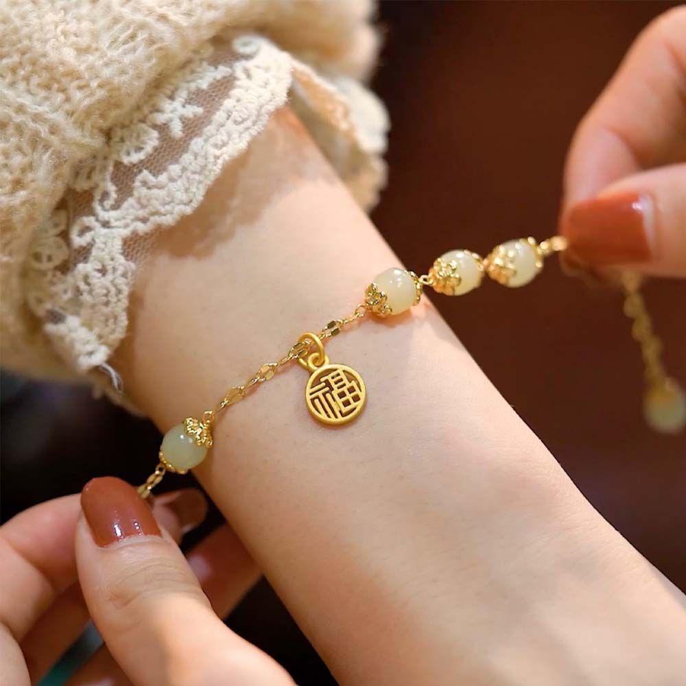 Gelang Giok Hetian Bahan Alloy Gaya Cina Retro Untuk Wanita