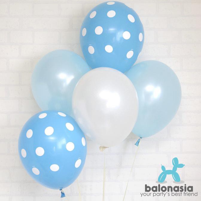 Balon Latex Mix 10 pcs ( Metalik Biru Putih, Polkadot Biru)