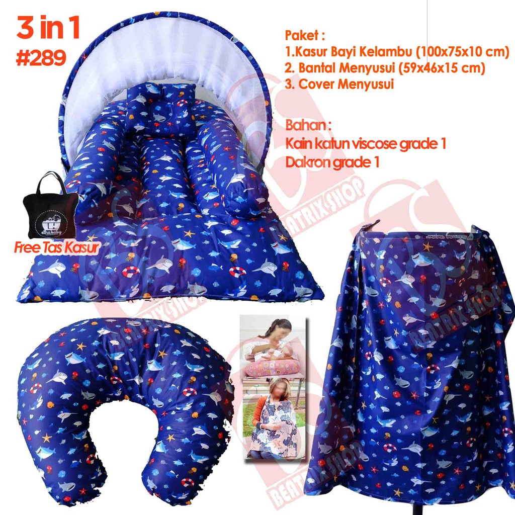 Apron bantal menyusui dan kasur bayi kelambu di jual paket 3 in 1 produk elha baby motif bus tayo