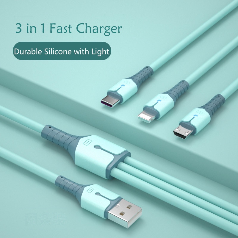 Kabel Data / Charger Micro Usb / Tipe-C / Lightning 3in1 Fast Charging 5A Bahan Silikon Dengan Lampu Led