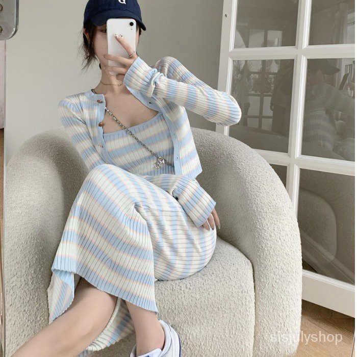 #Sisjuly# Wanita Striped Knit Sling Dress Wanita Slim Midi Dress Dua Potong Wanita