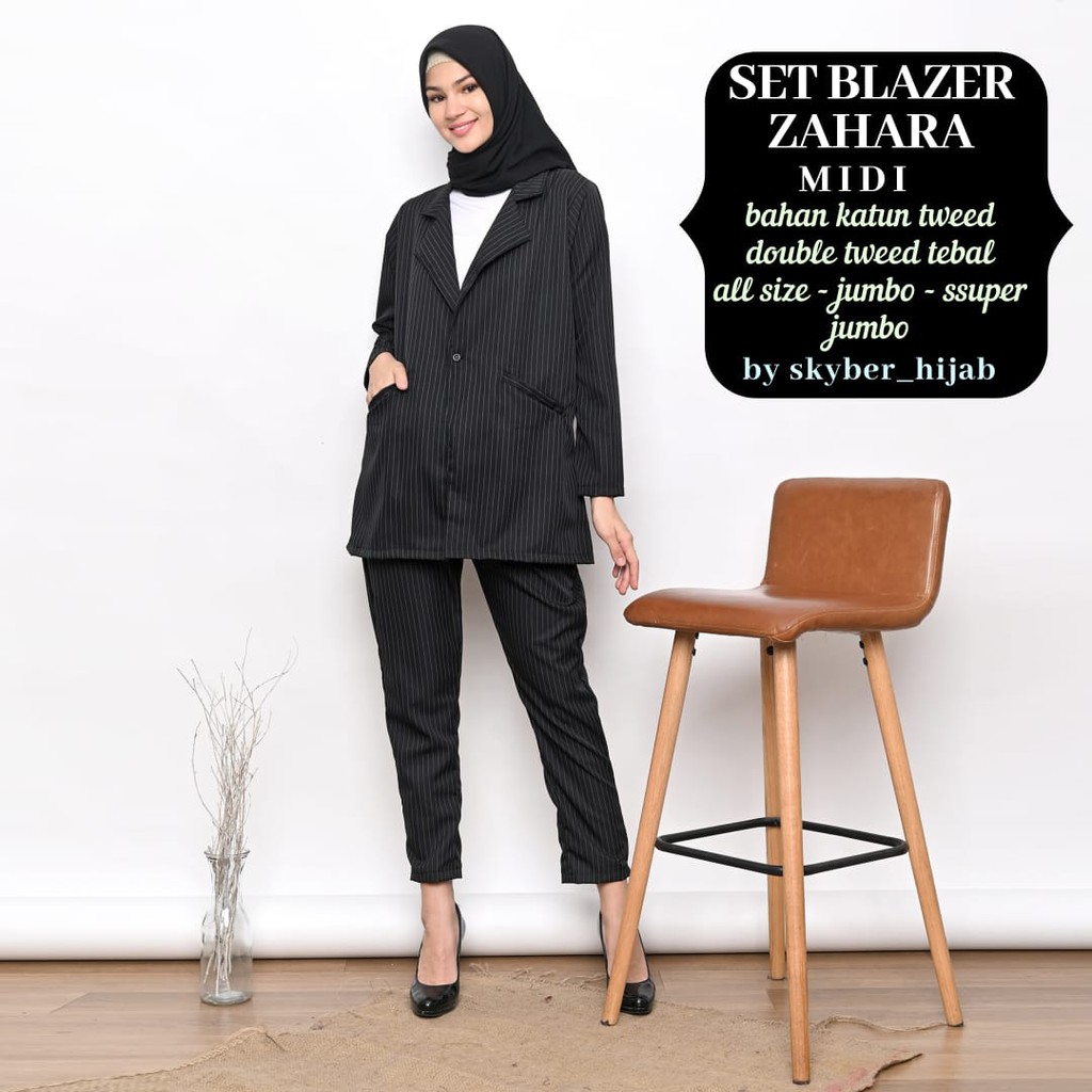 COD YU MIDI SET SETELAN BLAZER SALUR STRIPE ZAR* Hitam All size - Jumbo BLAZER saku kancing