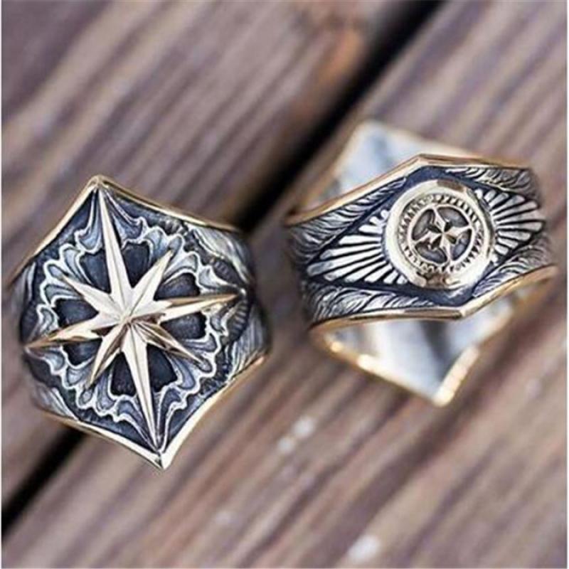 Cincin Motif Bintang Heksagonal Gaya Retro Untuk Pria