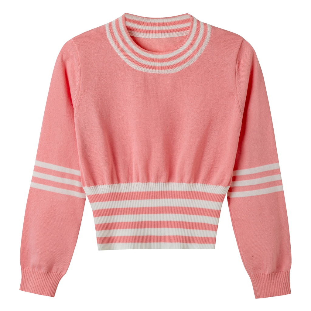 【Elegant】Minimalist Round Neck Pullovers Vintage Stripe Short Knitted Sweaters 7371