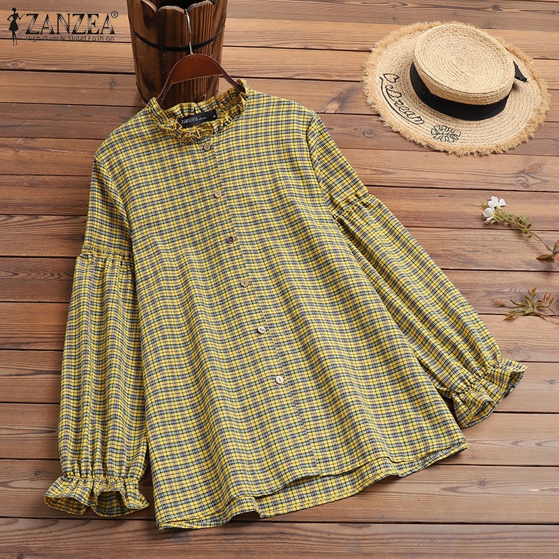 ZANZEA Women Full Sleeved Plaid Check Puff Sleeved Blouse Loose Autumn Shirts