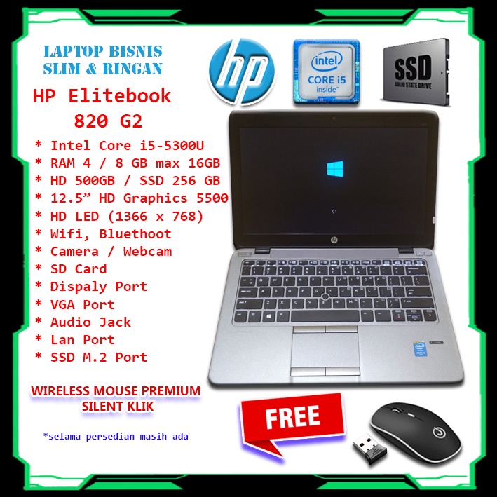 LAPTOP SLIM HP ELITEBOOK 820 G2 INTEL CORE I5 G5 RAM 8GB SSD 256GB