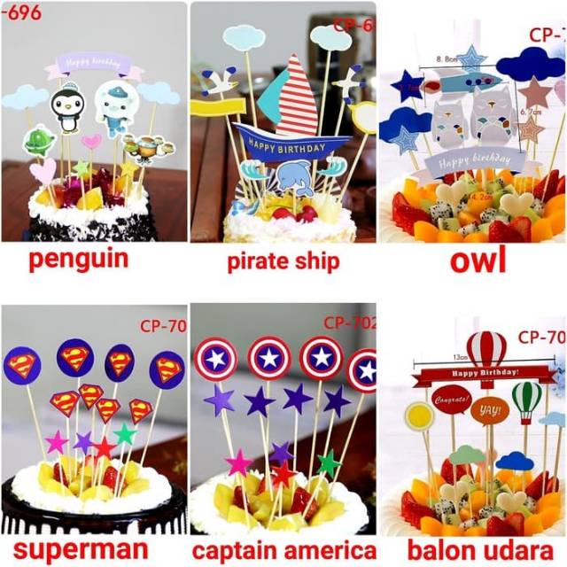 Cake Topper Happy birthday Tema Pirate Owl Princess Pororo Superman