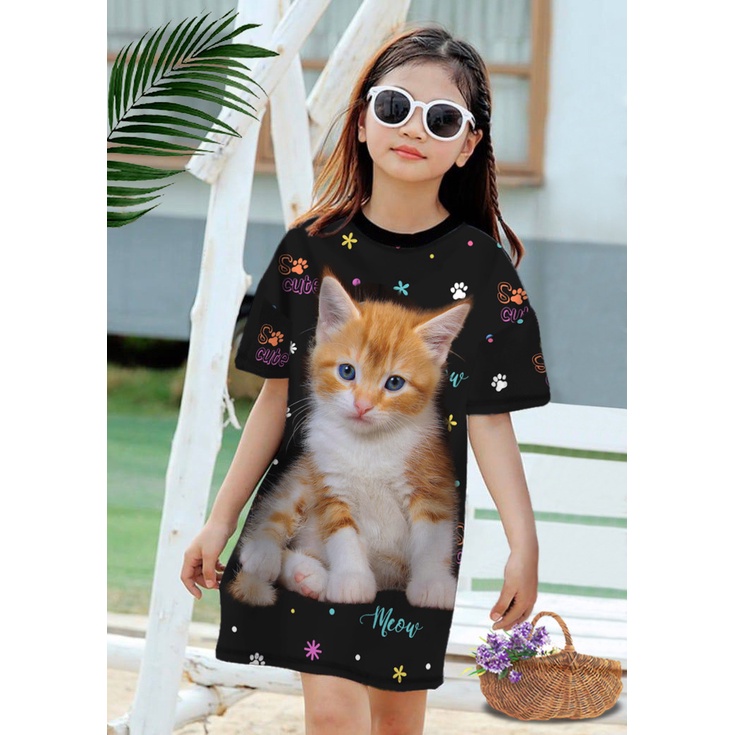 VF -  DRESS ANAK MOTIF PRINT KUCING USIA 2-8 TAHUN