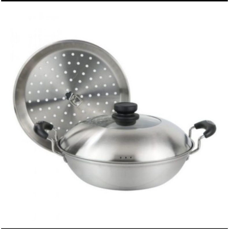 Wok Pan Steamer Harden Stainless Steel 28cm Golden Flying Fish