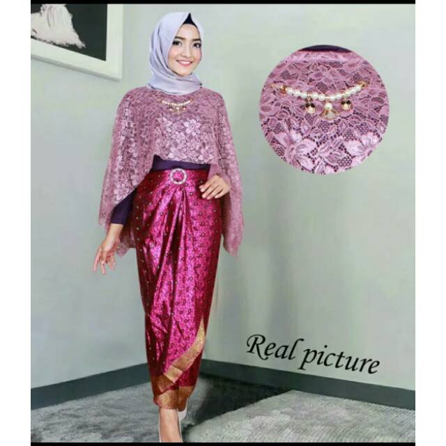 Setelan Kebaya Brukat/Brokat Modern Cape/Batwing Rok Batik Cantik Pesta/Kondangan