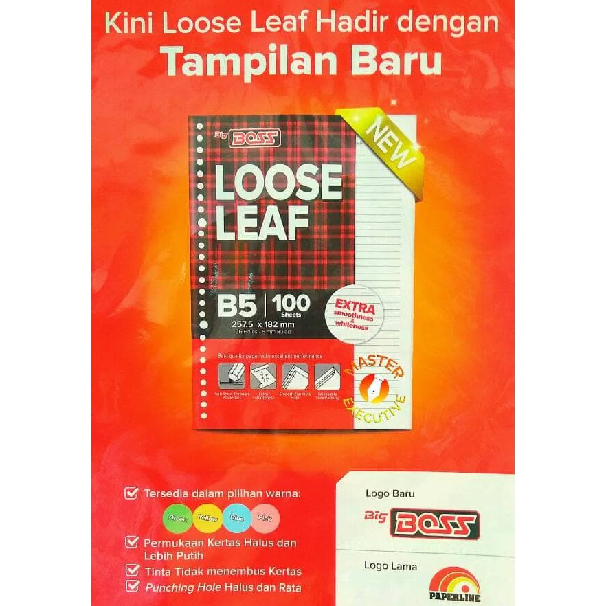 [Pak - 100 lembar] BigBoss A5 100 lbr Isi Loose Leaf / Kertas Refill Binder 20 Holes - Ex Paperline