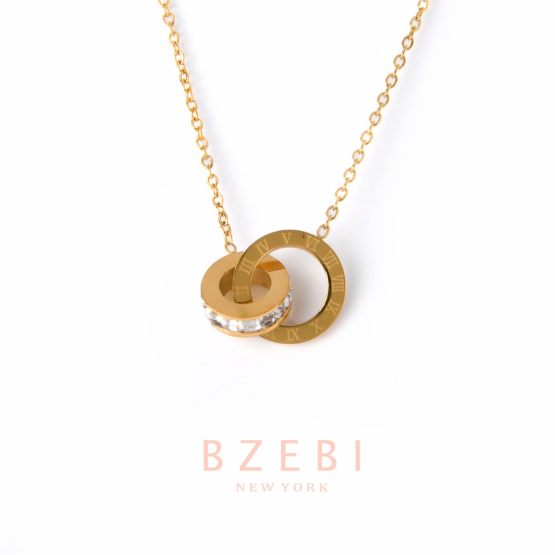 Bzebi Kalung Rantai Titanium Steel Rose Gold 18k Liontin Angka Romawi 961n Hias Berlian Untuk Wanita
