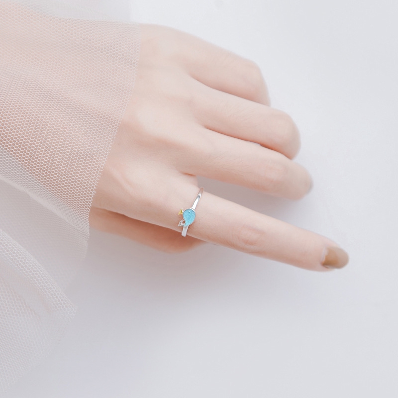 Cincin Model Terbuka Desain Ikan Paus Biru Gaya Korea Untuk Wanita