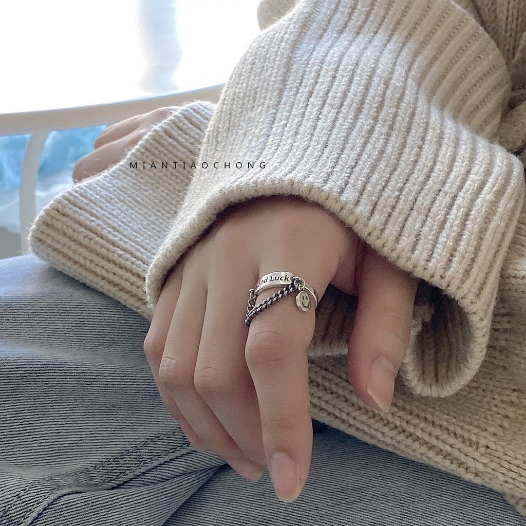 YEEZII 2pcs / Set Cincin Model Terbuka Desain Rantai Senyum Silang Geometris Tidak Teratur Dapat Disesuaikan Gaya Retro Untuk Wanita