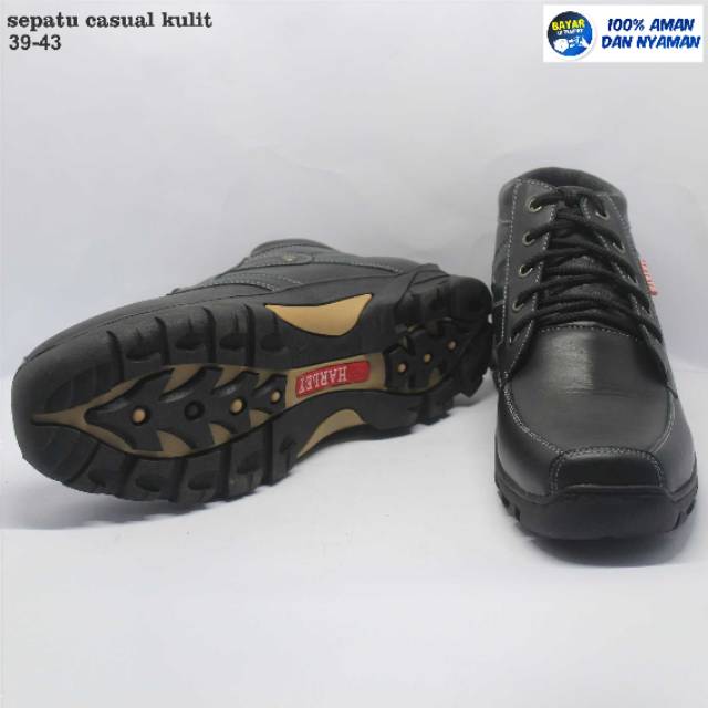 Sepatu boots casual hitam pria kulit sapi asli utk hangout touring hiking muncak satpam kichen spbu