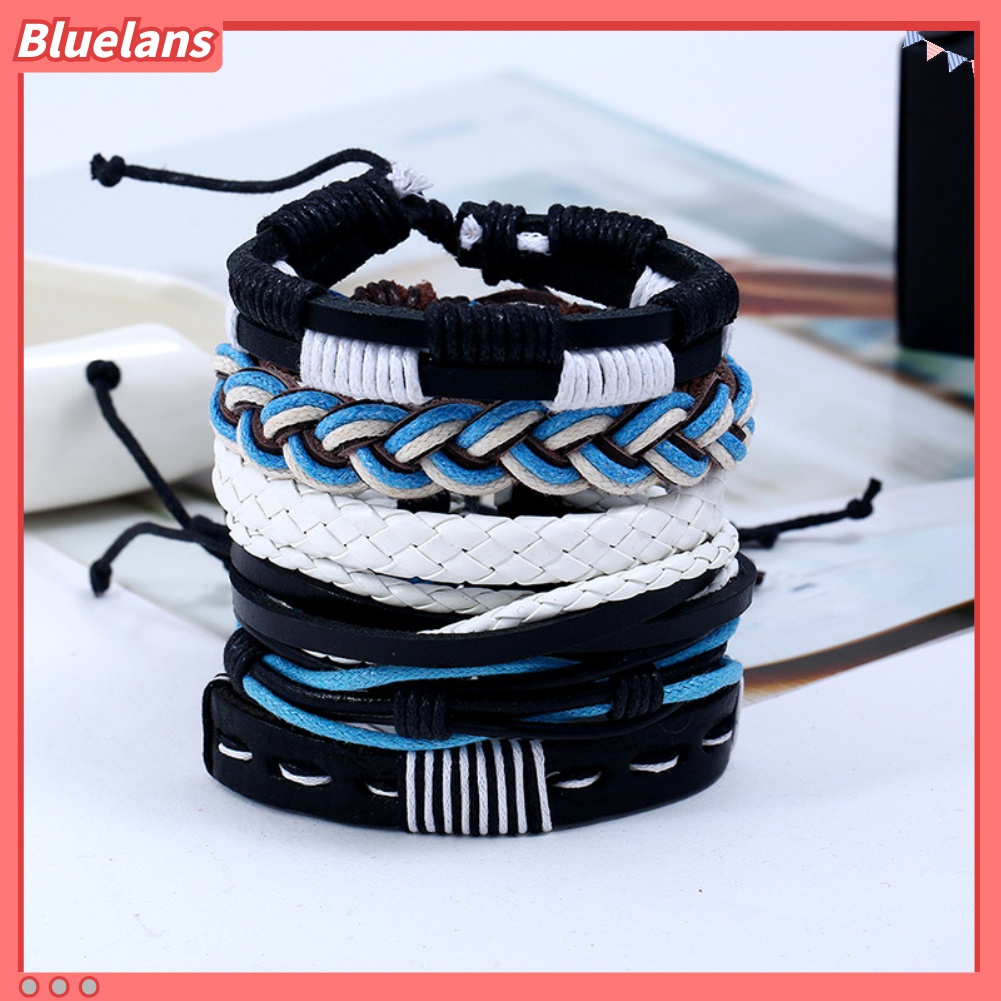 Bluelans 6Pcs / Set Gelang Tali Kepang Bahan Kulit Imitasi Gaya Vintage Untuk Pria